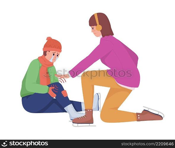 Woman help child with injury semi flat color vector characters. Two figures. Full body people on white. Trauma isolated modern cartoon style illustration for graphic design and animation. Woman help child with injury semi flat color vector characters