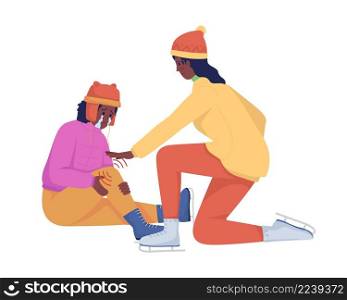 Woman help kid with injury semi flat color vector characters. Two figures. Full body people on white. Helping with trauma isolated modern cartoon style illustration for graphic design and animation. Woman help kid with injury semi flat color vector characters