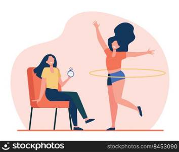 Woman helping female friend with hula hoop to train body. Stopwatch, timer, trainer flat vector illustration. Fitness, activity, exercise concept for banner, website design or landing web page