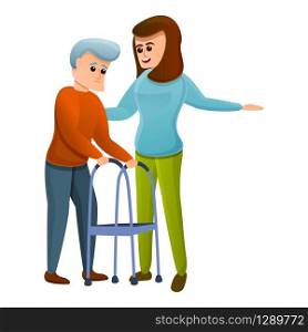 Woman helps an old man icon. Cartoon of woman helps an old man vector icon for web design isolated on white background. Woman helps an old man icon, cartoon style