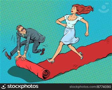 Woman hero on the red carpet of the film premiere. The winner goes ahead. Pop art retro vector illustration 50s 60s style kitsch vintage. Woman hero on the red carpet of the film premiere. The winner goes ahead