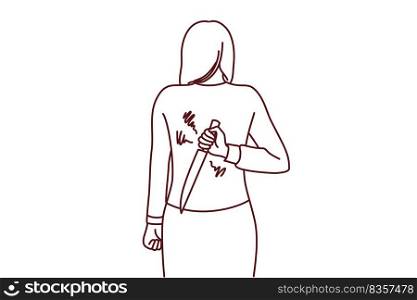 Woman hiding knife behind back ready to betray or attack. Businesswoman with weapon hidden. Risky deal or rivalry. Vector illustration.. Woman hide knife behind back