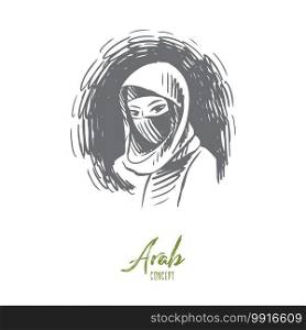 Woman, hijab, islam, arab, beautiful concept. Hand drawn portrait of young beautiful muslim woman wearing hijab concept sketch. Isolated vector illustration.. Woman, hijab, islam, arab, beautiful concept. Hand drawn isolated vector.