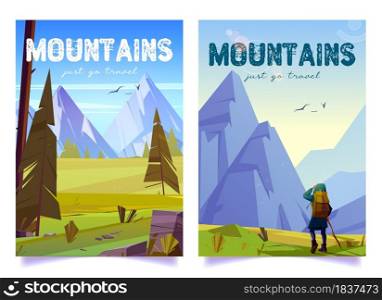 Woman hiker with stick and backpack travels on mountain valley. Vector posters with cartoon illustration of summer landscape with rocks, pines and girl tourist. Woman hiker travels on mountain valley