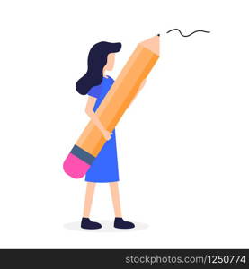 Woman Hold Big in Hand Pencil Writer Stationery. Female Author or Blogger Character with Office Supplies. Creative Girl Editor Carry Pen, Write Note. Cartoon Flat Vector Illustration. Woman Hold Big in Hand Pencil Writer Stationery