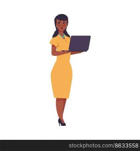 Woman hold laptop. Girl standing and holding gadget, internet and network in device, online woking, presentation speach. Remote job vector cartoon flat style isolated on white background illustration. Woman hold laptop. Girl standing and holding gadget, internet and network in device, online woking, presentation speach. Remote job vector cartoon flat style isolated illustration