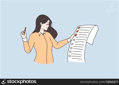 Woman hold paper to do list check tasks with mark symbol. Smiling girl note completed finished assignments on document. Time management and planning concept. Cartoon flat vector illustration.. Woman hold paper check completed tasks with mark