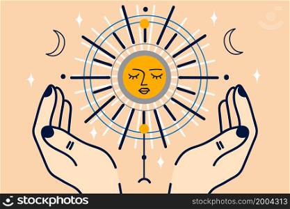 Woman hold sun in hands. Circle phase of moon. Scared geometry. Magical mystical drawing. Astronomy and astrology concept. Lunar prediction. Flat vector illustration, cartoon character. . Woman hold sun and moon in hands