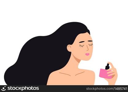 Woman holding a bottle of perfume in her hand, enjoys the aroma of toilet water. Vector flat illustration. Isolated on white.