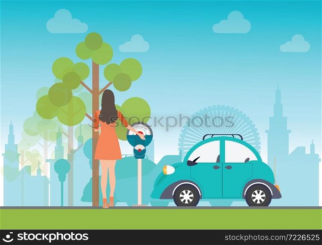 Woman holding a coin for Car park with parking meter on city view background, parking lot , parking zone conceptual Vector Illustration.