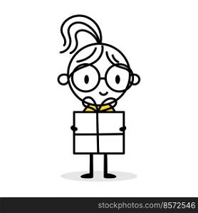 Woman holding a gift box. Cartoon Christmas character concept. Isolated vector stock illustration.