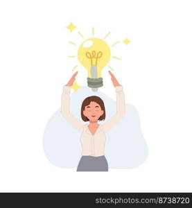 woman holding a large light bulbs in her hands. A big idea concept. Flat vector cartoon character illustration.