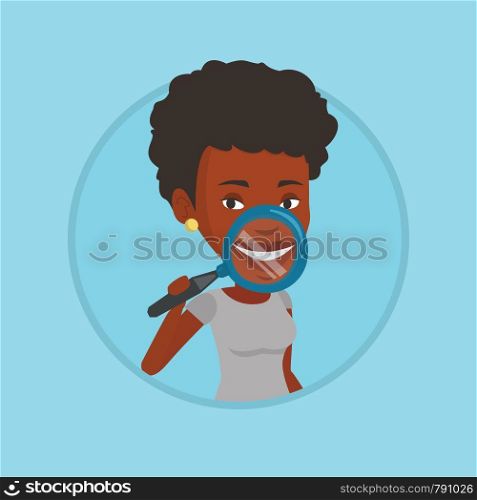 Woman holding a magnifying glass in front of her teeth. Woman examining her teeth with magnifier. Concept of teeth examining. Vector flat design illustration in the circle isolated on background.. Woman examining her teeth vector illustration.