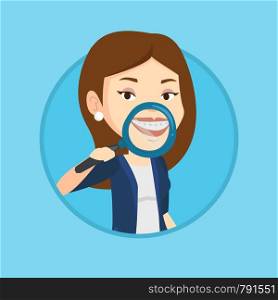 Woman holding a magnifying glass in front of her teeth. Woman examining her teeth with magnifier. Concept of teeth examining. Vector flat design illustration in the circle isolated on background.. Woman examining her teeth vector illustration.