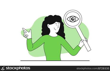 Woman holding a magnifying glass vector illustration concept. Search for investments and business growth. Finance success profit and vision development. Research market and find investor to future