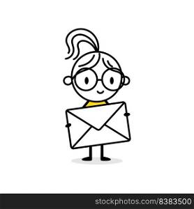 Woman holding a mailing envelope isolated on white background. Hand drawn doodle businesswoman. Vector stock illustration.