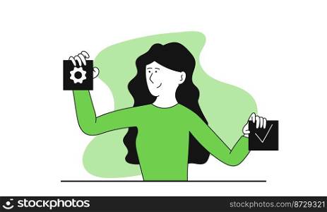 Woman holding a settings button in hand vector illustration concept. Business strategy process and success office plan. Marketing innovation software and application coding. Professional developer
