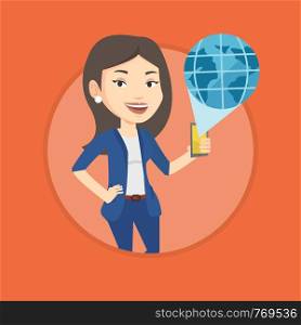 Woman holding a smartphone with a model of planet earth coming out of the device. International technology communication concept. Vector flat design illustration in the circle isolated on background.. International technology communication.