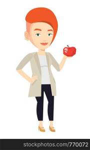 Woman holding an apple in hand. Woman eating an apple. Caucasian woman enjoying fresh healthy red apple. Concept of healthy nutrition. Vector flat design illustration isolated on white background.. Young woman holding apple vector illustration.