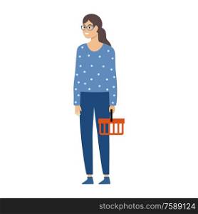 Woman holding an empty shopping basket. Vector illustration