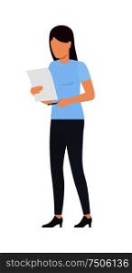 Woman holding and reading document papers business lady wearing t-shirt trousers looking at report vector illustration isolated on white background. Woman Holding Document Papers Vector Illustration