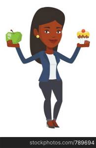 Woman holding apple and cupcake in hands. Woman choosing between apple and cupcake. Choice between healthy and unhealthy nutrition. Vector flat design illustration isolated on white background.. Woman choosing between apple and cupcake.