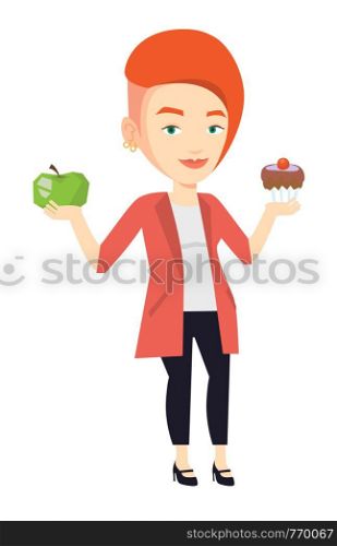 Woman holding apple and cupcake. Woman choosing between apple and cupcake. Concept of choice between healthy and unhealthy nutrition. Vector flat design illustration isolated on white background.. Woman choosing between apple and cupcake.