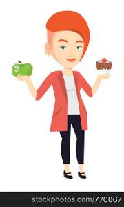Woman holding apple and cupcake. Woman choosing between apple and cupcake. Concept of choice between healthy and unhealthy nutrition. Vector flat design illustration isolated on white background.. Woman choosing between apple and cupcake.