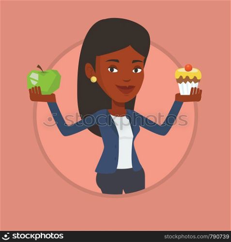 Woman holding apple and cupcake. Woman choosing between apple and cupcake. Concept of choice between healthy and unhealthy nutrition. Vector flat design illustration in circle isolated on background.. Woman choosing between apple and cupcake.