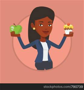 Woman holding apple and cupcake. Woman choosing between apple and cupcake. Concept of choice between healthy and unhealthy nutrition. Vector flat design illustration in circle isolated on background.. Woman choosing between apple and cupcake.