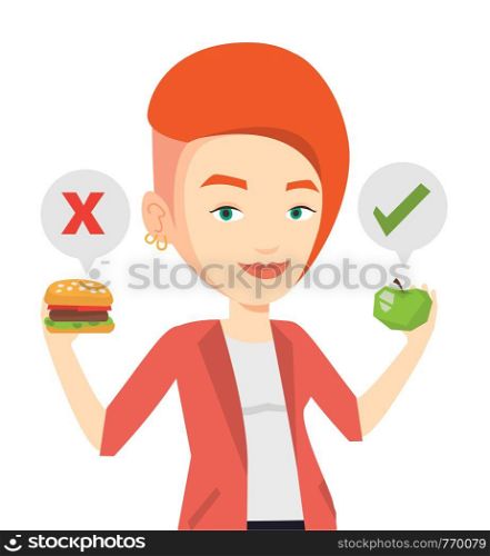 Woman holding apple and hamburger. Woman choosing between apple and hamburger. Woman choosing between healthy and unhealthy nutrition. Vector flat design illustration isolated on white background.. Woman choosing between hamburger and cupcake.