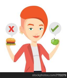 Woman holding apple and hamburger. Woman choosing between apple and hamburger. Woman choosing between healthy and unhealthy nutrition. Vector flat design illustration isolated on white background.. Woman choosing between hamburger and cupcake.
