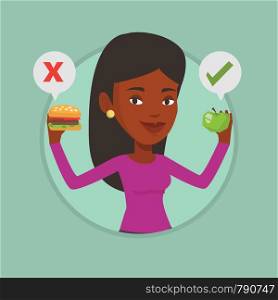 Woman holding apple and hamburger. Woman choosing between apple and hamburger. Woman choosing between healthy and unhealthy nutrition. Vector flat design illustration in circle isolated on background.. Woman choosing between hamburger and cupcake.