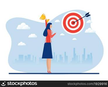 woman holding award gold metal cup, Winner award successful concept vector illustration.