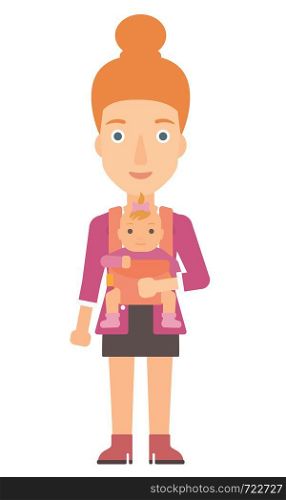 Woman holding baby in sling vector flat design illustration isolated on white background. . Woman holding baby in sling.