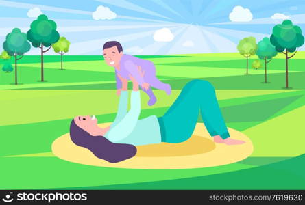 Woman holding baby, mother playing with child in park on mat, parent and kid on grass outdoor, smiling family together, parenthood and childhood vector. Mother Playing with Baby in Park on Mat Vector