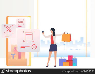 Woman holding bag and shopping on smartphone online. Internet, buying, marketing concept. Vector illustration can be used for topics like business, sale, online shopping