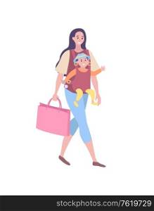 Woman holding bag vector, isolated mother with child walking calmly. Family flat style, baby and mom, brunette character with kid pastime of people. Mother Walking with Child, Mom Carrying Small Baby