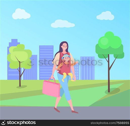 Woman holding bag vector, mother with child walking in city park with buildings. Family baby and mom, brunette character with kid pastime of people. Mother Walking with Child, Mom Carrying Small Baby