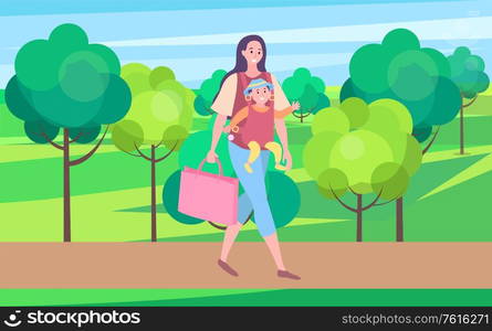 Woman holding bag vector, mother with child walking in city park with buildings. Family baby and mom, brunette character with kid pastime of people. Mother Walking with Child, Mom Carrying Small Baby