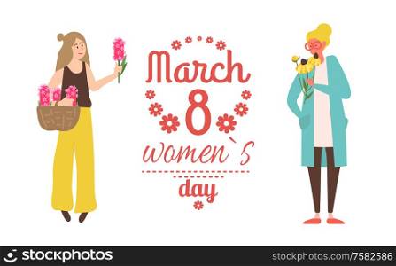 Woman holding basket of pink lilac, girl smelling yellow violets. Ladies international holiday, spring greeting postcard, 8 March, festive vector. Ladies International Holiday, Womens Day Vector
