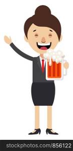 Woman holding beer, illustration, vector on white background.