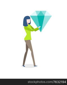 Woman holding big diamond, worker character with gemstone, portrait view of employee with brilliant, precious stone symbol, business and jewel. Vector illustration in flat cartoon style. Worker and Brilliant, Woman with Diamond Vector