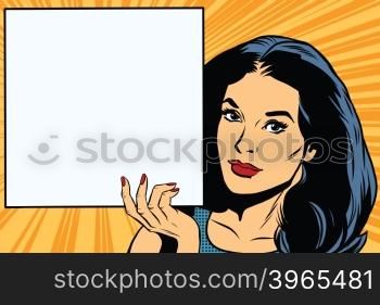 Woman holding blank poster pop art retro vector. Square poster. Retro vector advertising and announcement. Woman holding blank poster pop art vector