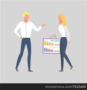Woman holding board with charts and graphs and man giving advices, business people achieving agreement at meeting. Professional collaboration at work, vector. Woman Holding Board with Charts and Graphs and Man