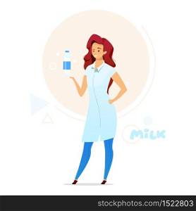 Woman holding bottle of milk flat color vector illustration. Dairy production. Milk plant employee. Smallholder, local business. Food industry. Isolated cartoon character on white background
