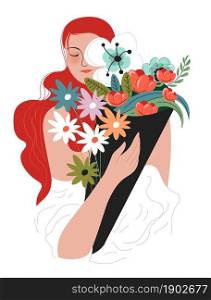 Woman holding bouquet, happy female character with flora and smile on face. Lady with pleasant expression on face. Young girl with red hair enjoying smell of fresh blossom. Vector in flat style. Happy female character holding bouquet in hands