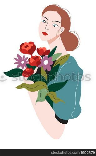 Woman holding bouquet of blooming flowers in hands. Isolated lady with wildflowers. Celebration or special event, greeting with holidays or 8 march. Girl with roses and chamomile. Vector in flat style. Thoughtful female character with flower bouquet