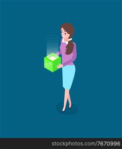 Woman holding box, business innovation and modern technology, success stratup. Element of developer, equipment and worker, project or idea vector. Element of Developer, Business Innovation Vector