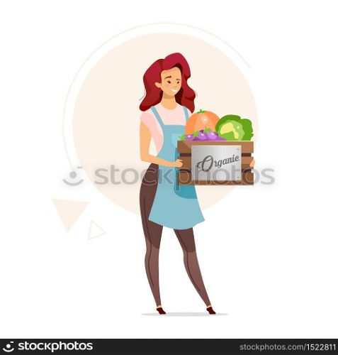 Woman holding box of organic vegetables flat color vector illustration. Female farmer. Farming. Healthy food seller. Supply store. Grocery retailing. Isolated cartoon character on white